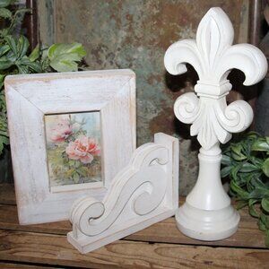 White Shabby Chic French Country Fleur De Lis Corbel & Pink Floral Picture